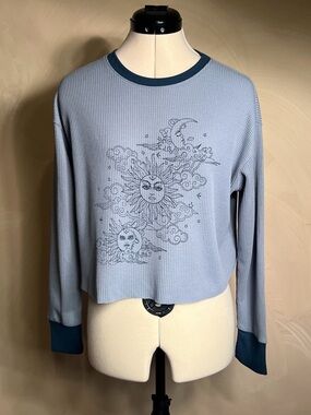 Stitch & Pine Faded Denim L/S Cropped Celestial Mystical Streetwear Shirt|Size:S
